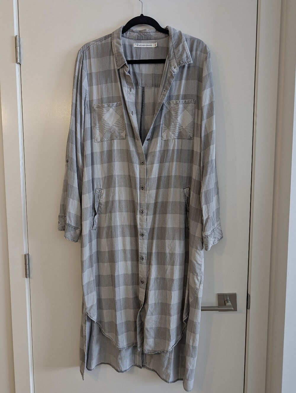 Standard Grace Plaid Checked Longline Button-Up Gray Shirt Dress